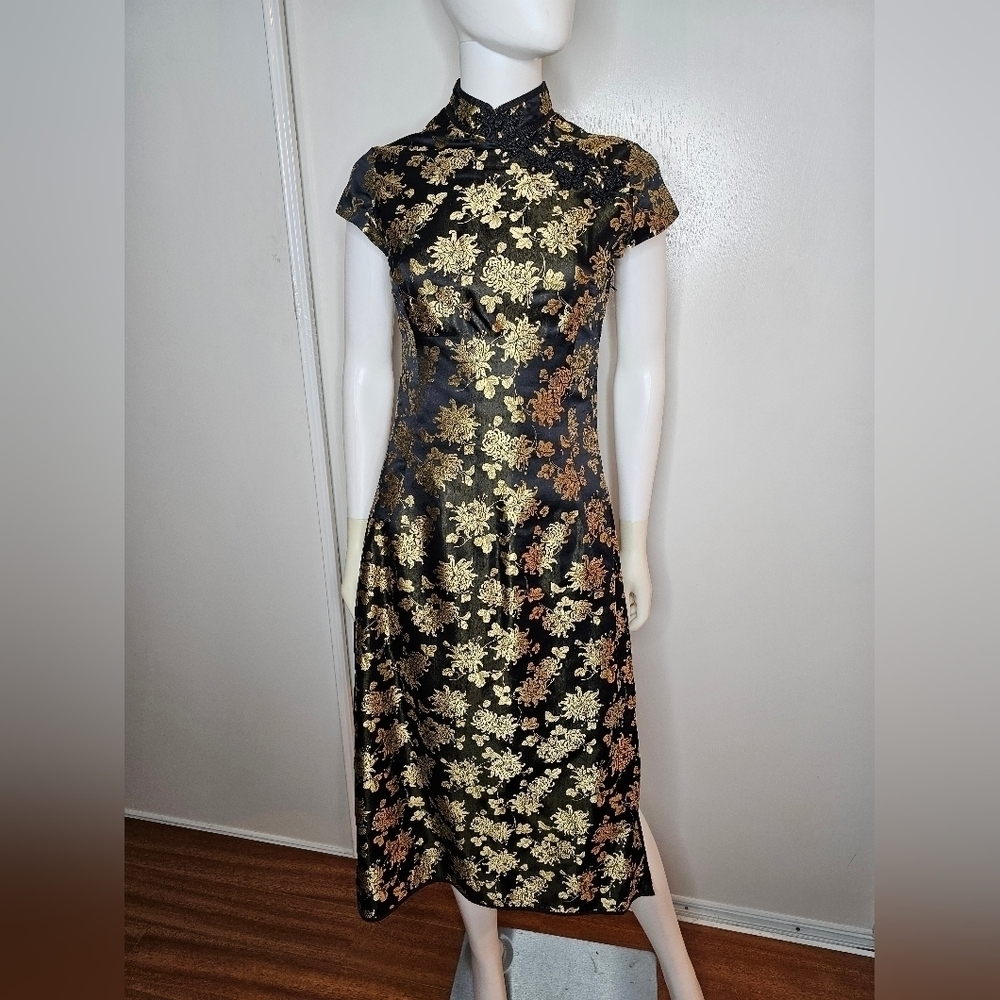 Chinese Women's Evening Black Gold Dress Long Cheongsam SZ XS/S